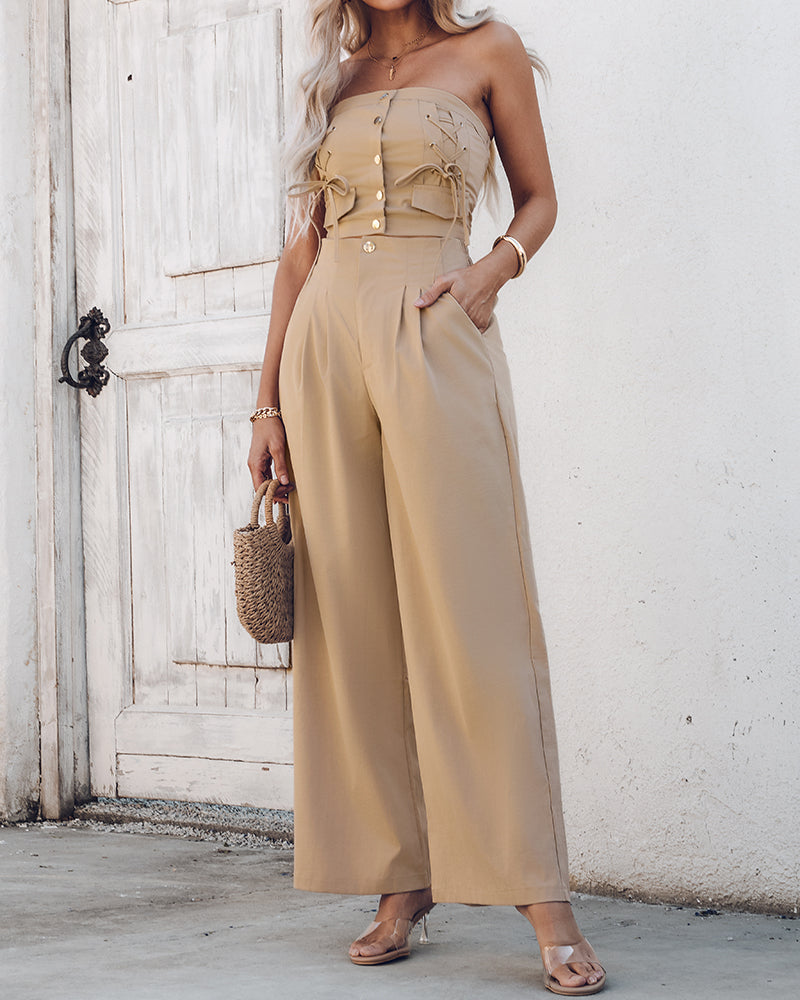 Button Strapless Top & Wide Leg Pants Set 3