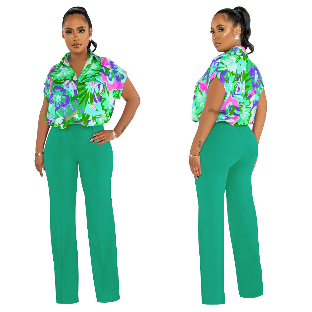 Women's Fashion Summer Printed Shirt Straight Leg Pants Suit For Women 5