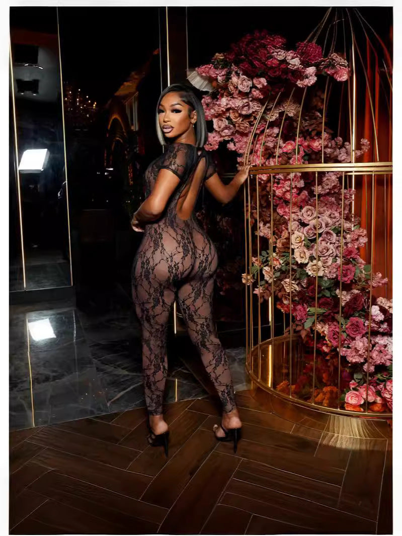 Women Summer Lace Short Sleeve Backless Sexy Jumpsuit 6