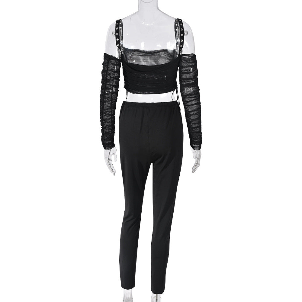 Spring Crop Low Back Mesh Strap Pants Set For Women 10