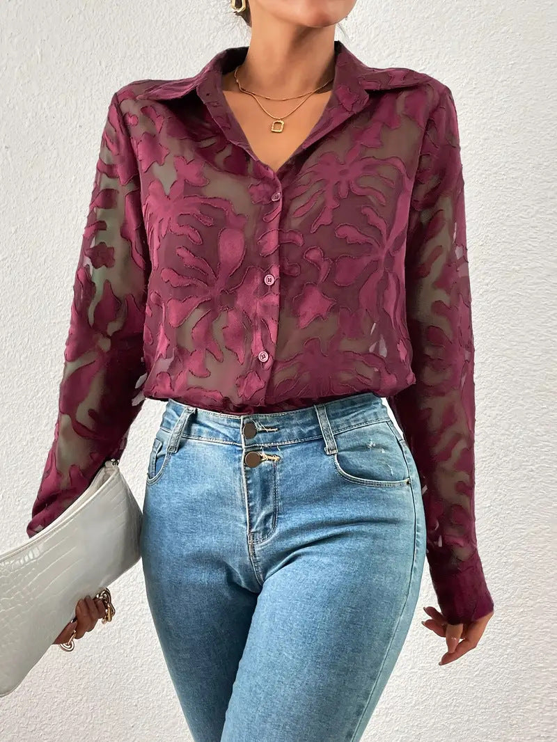 Floral Jacquard Shirt Turn-Down Collar Single-Breasted Blouse 4