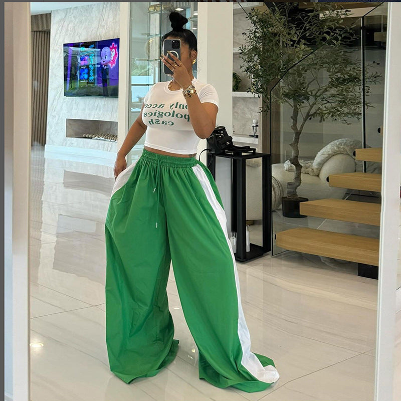 Autumn Winter Fashion Contrast Color Wide-Leg Pants High Waist Casual Lace-Up Straight Trousers 3