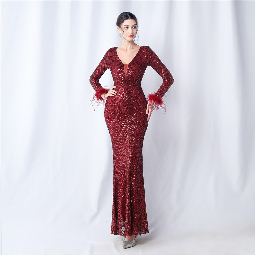 Sequins Feather Long-Sleeved Evening Dress 10