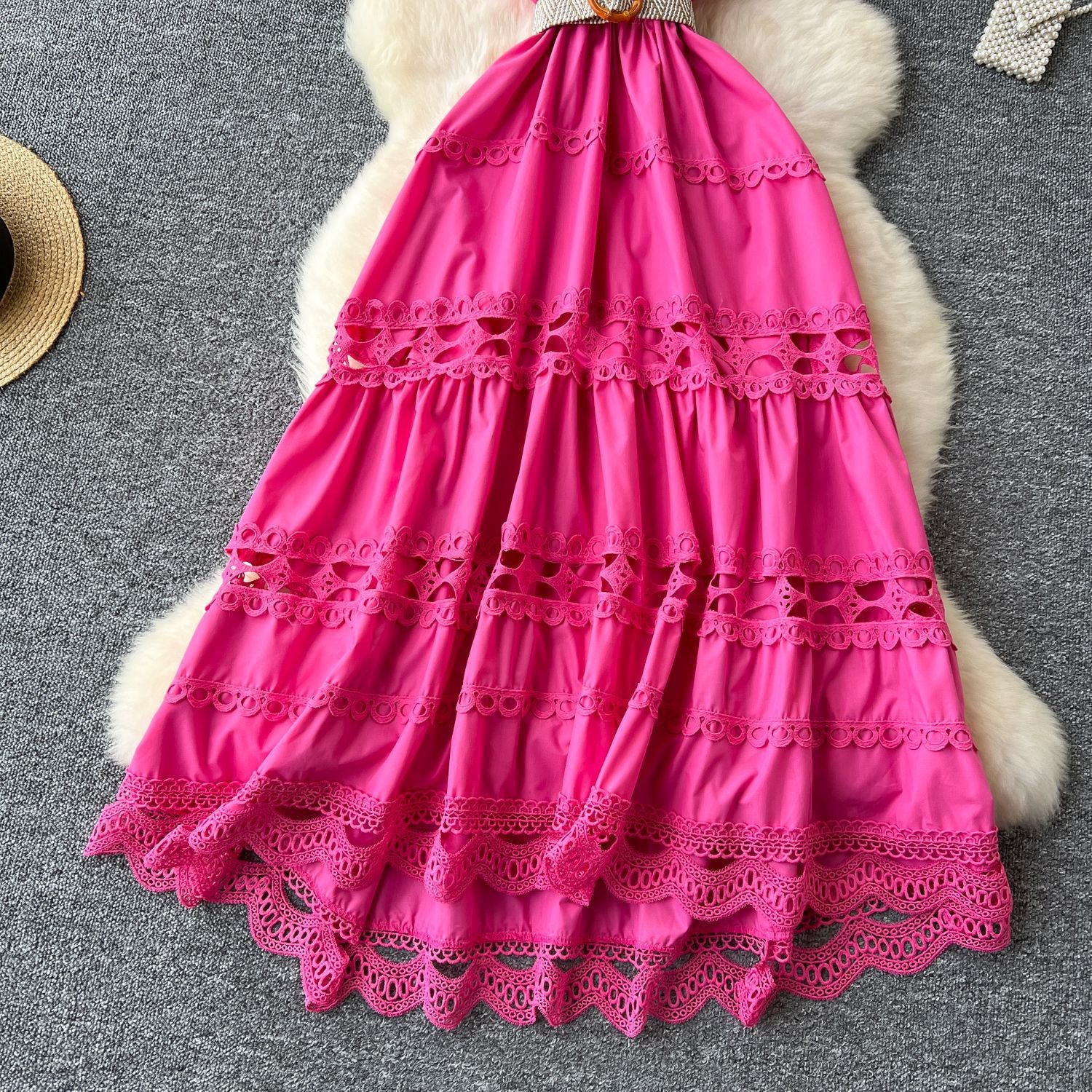 Women Vintage French Elegant Cutout Lace Patchwork Sleeveless Dress 22