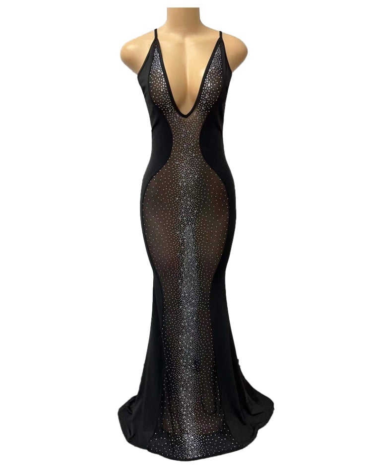 Spring Women Sexy Black Rhinestone Beaded See Through Plunge V-neck Straps Mermaid Evening Dress 7