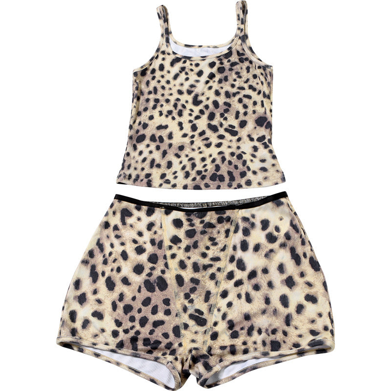 Women's Spring Leopard Print Slim Fitted Camisole and Casual Shorts Set 16