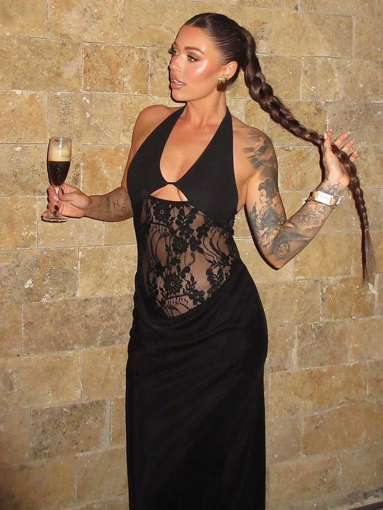 Summer Halter Neck Low Back Sexy lace Hollow Long Slim Bodycon Dress