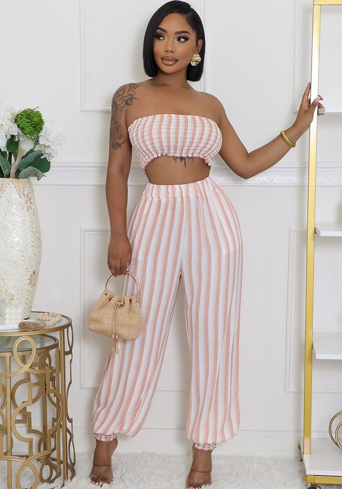 Women's Striped Print Sexy Fashionable Strapless Two-Piece Pants Set