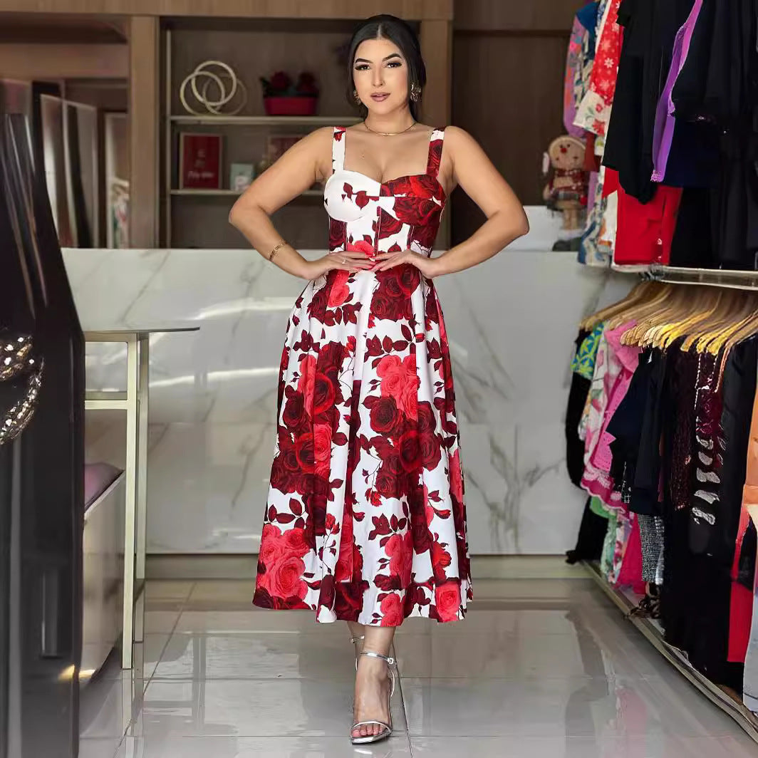 Strap Red Rose Printed Long Dress Chic Elegant Women's Dress 4