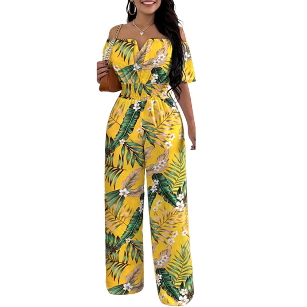 Women Off Shoulder V Neck Loose Straight Jumpsuit 22