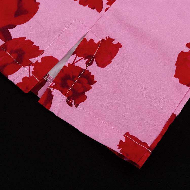 Fashion Print Turndown Collar Long Sleeve Shirt High Waist Split Short Skirt Two Piece Set 17