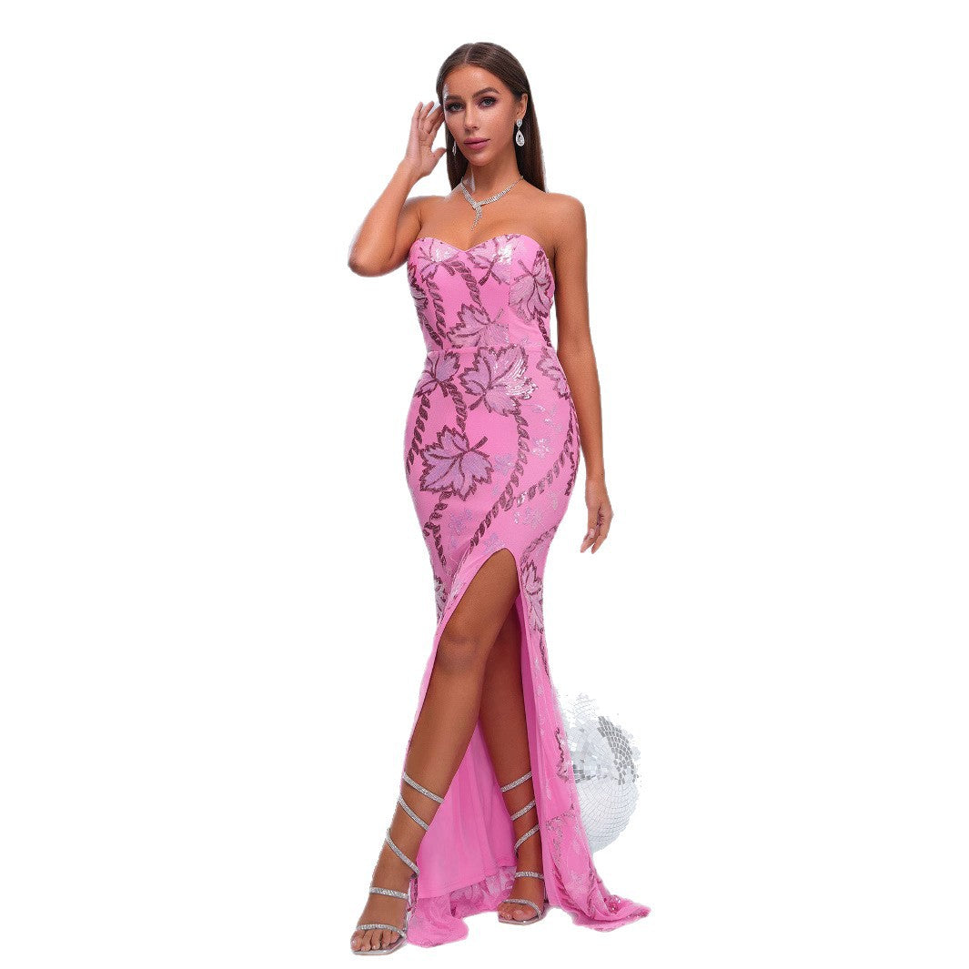 Women chest wrap off shoulder bodycon sequins formal party fishtail evening dress 6