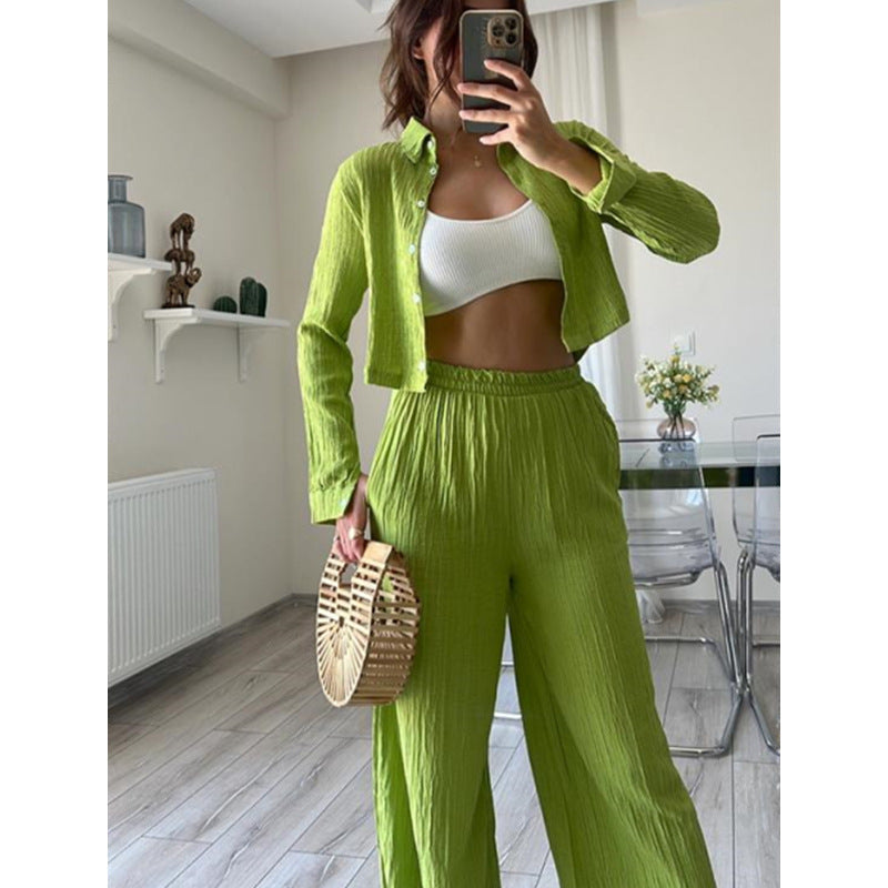 Women's  Autumn And Winter Embossed Style Short Shirt High Waisted Wide Leg Elastic Pants Two-Piece Set 12