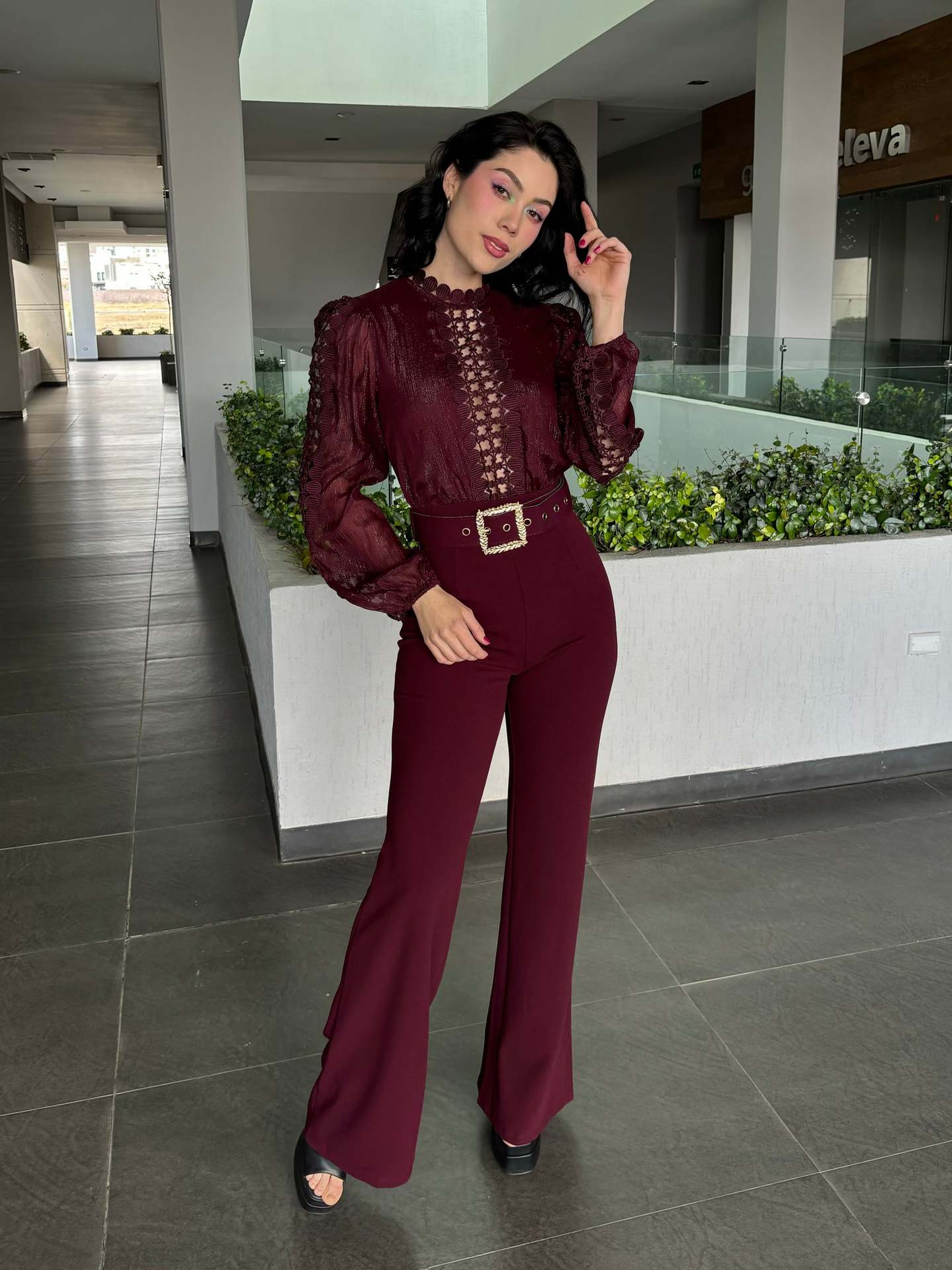 Women Elegant Lace Patchwork Lace-Up Wide-Leg Jumpsuit 40