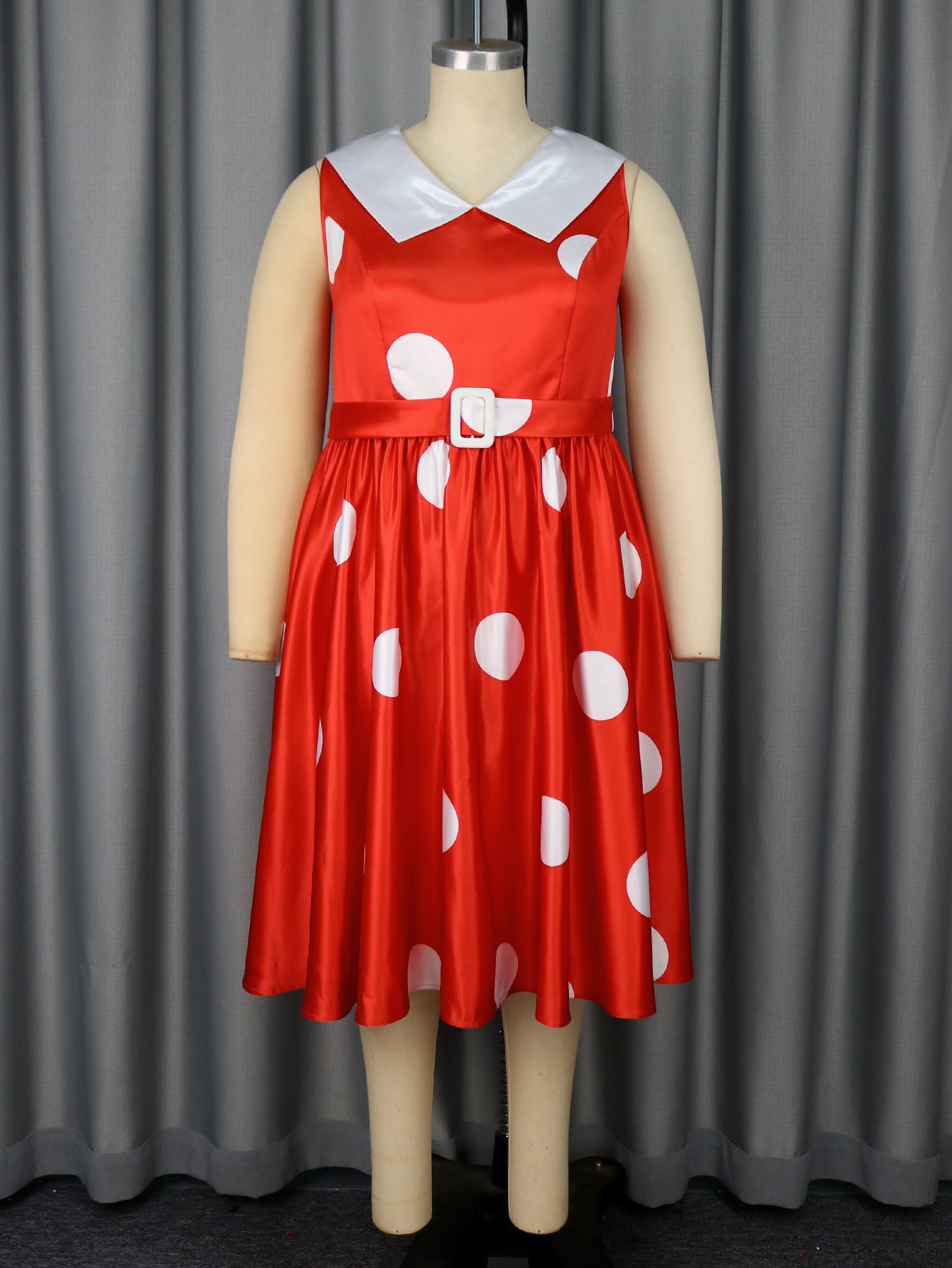 Plus Size Wedding Satin Turned-Down Collar Sleeveless Polka Dot Party A-Line Dress 4