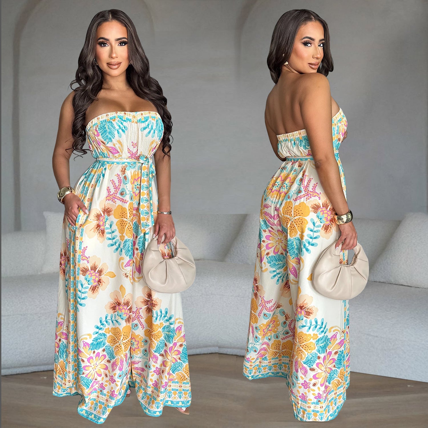 Fashion Women Sexy Strapless Low-Back Wide-Leg Printed Jumpsuit