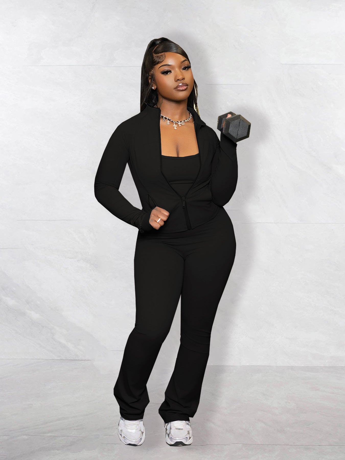 Women's Fashion Solid Color Pocket Zipper High Collar Jacket Casual Jumpsuit Sports Two-Piece Set 3