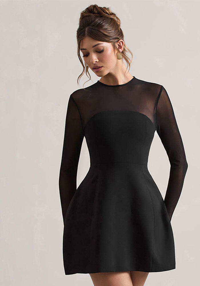 Spring Round Neck Long Sleeve Sexy Mesh Patchwork Short Chic Slim Dress