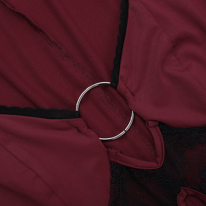 Women Fall/Winter Sexy Cutout Lace Patchwork Long-sleeved dress 13