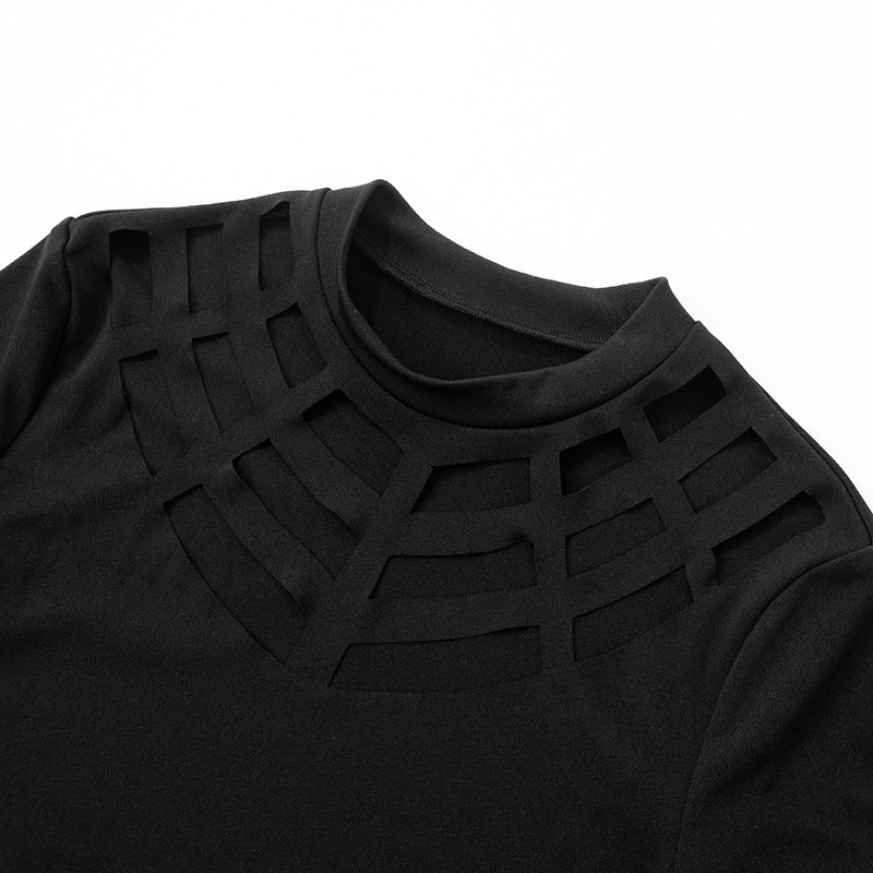 Women's summer fashion hollow solid color Patchwork Round Neck short sleeve slim dress 10