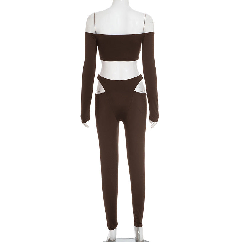 Women's Autumn Off-Shoulder Crop Top & High-Waist Hollow Out Pants Set 11