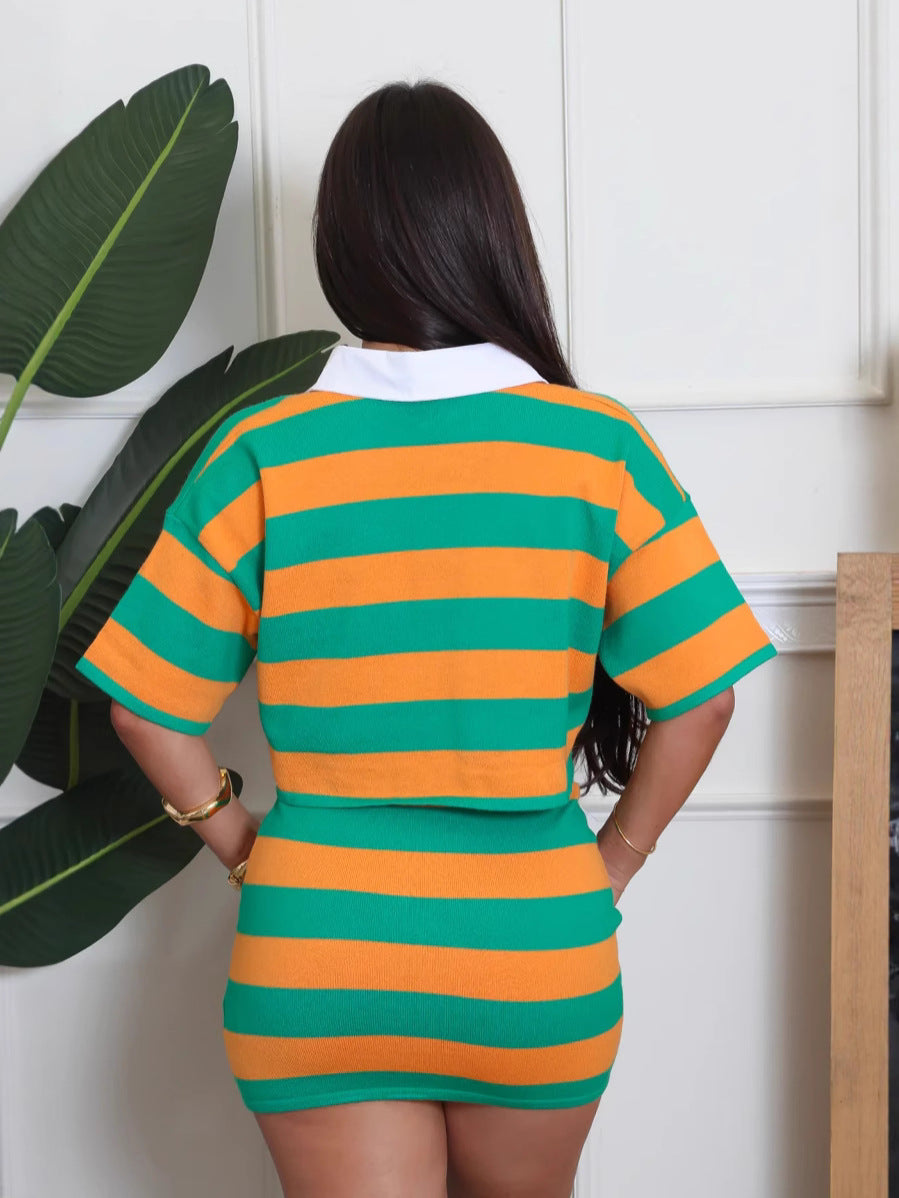 Women Striped Short Sleeve Top and Skirt Two-piece Set 6