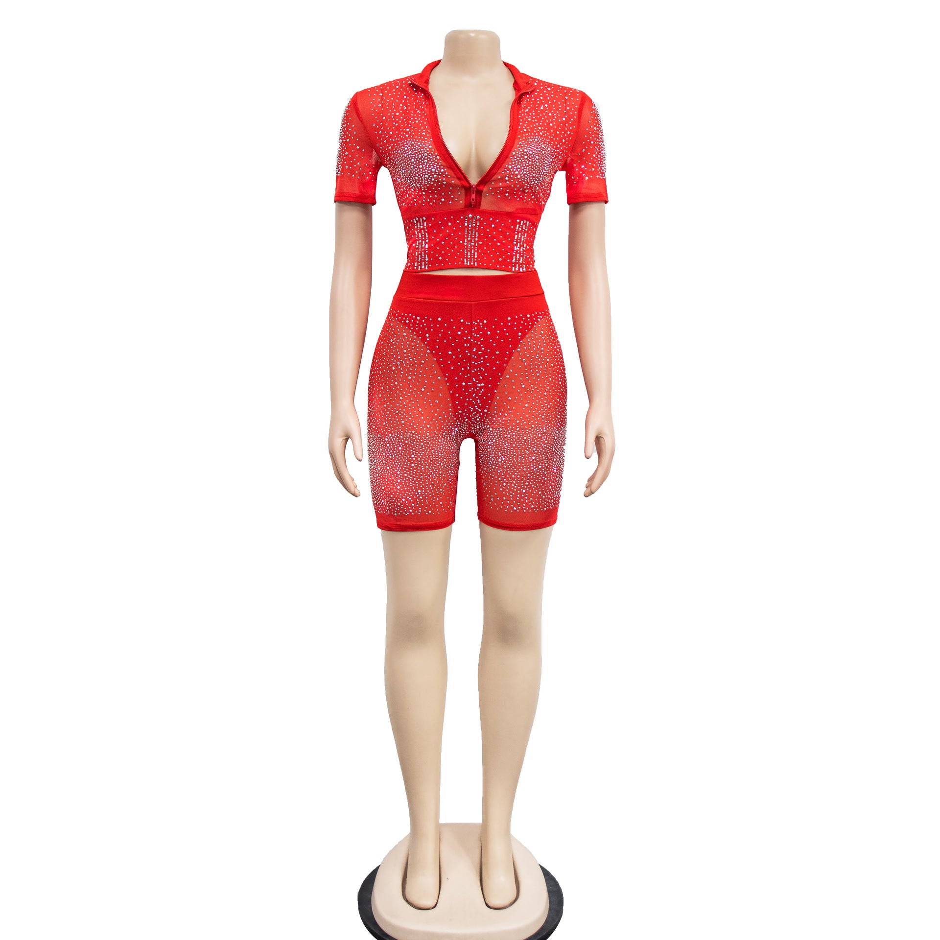 Summer Sexy Beaded Short Sleeve Crop Top and Shorts Matching Set 20