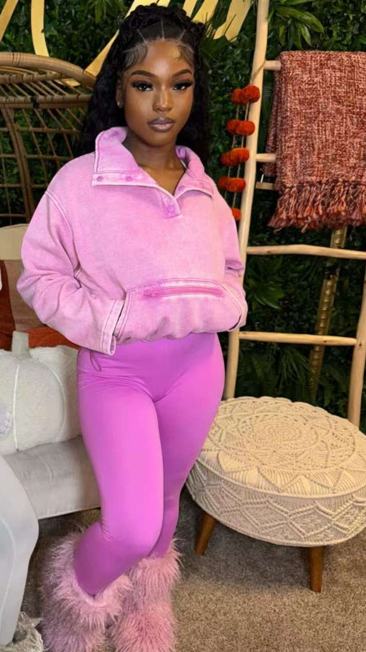 Women washed long-sleeved zipper pocket top and Pants Two Piece Set 4