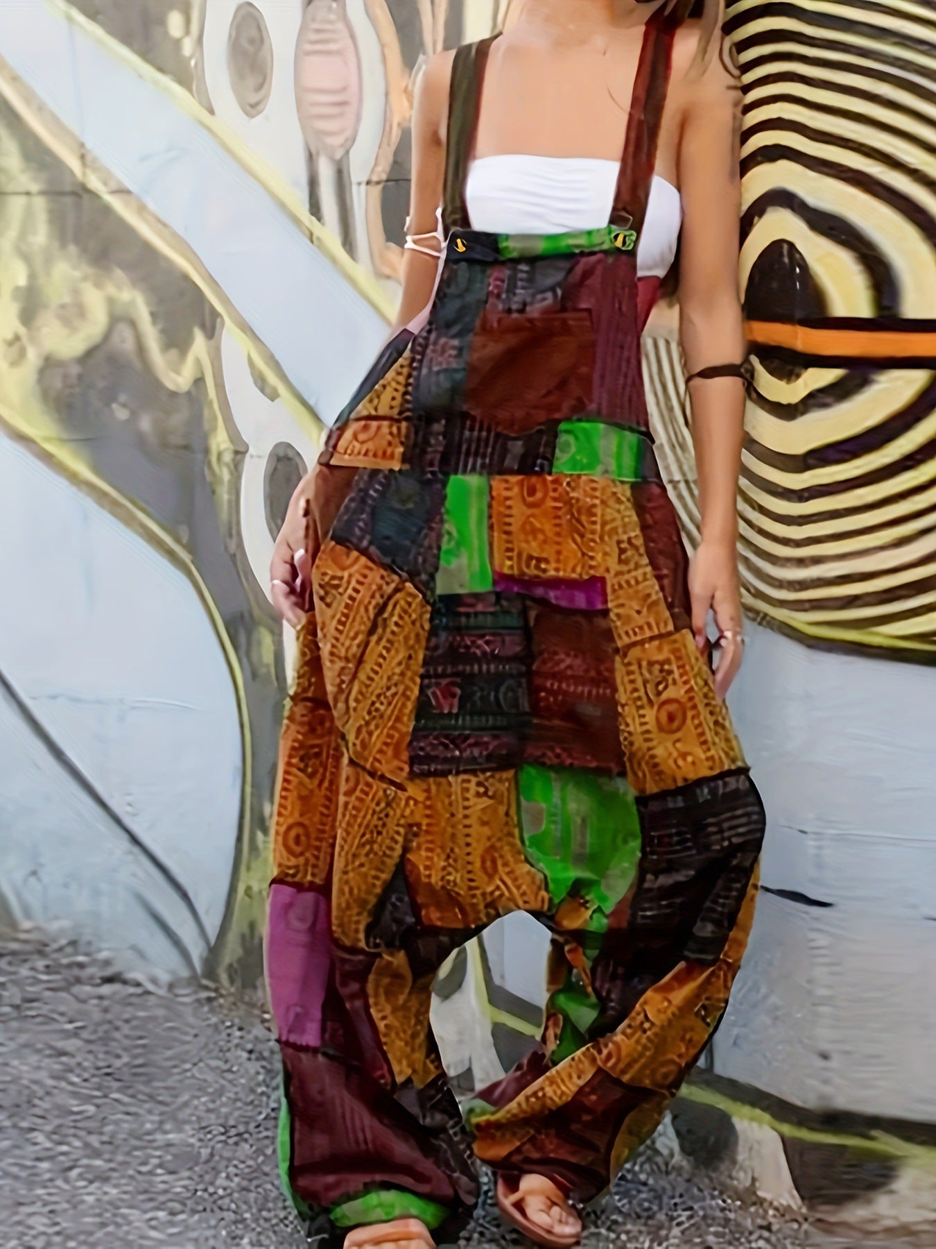 Women hippie patchwork print sleeveless jumpsuit 3