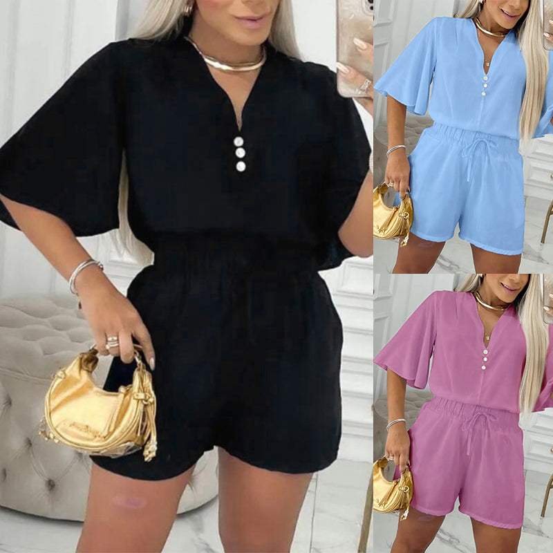 Women V-Neck Bell Bottom Sleeve Casual Top + Shorts Two-Piece Set 5