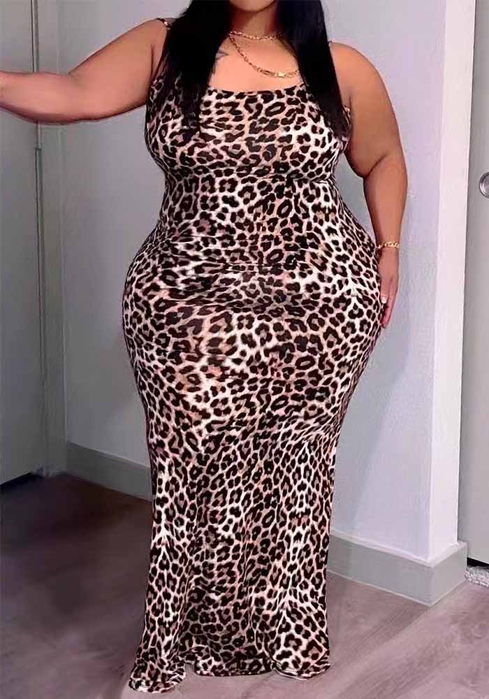 Plus Size Women Sexy Leopard Bodycon Dress