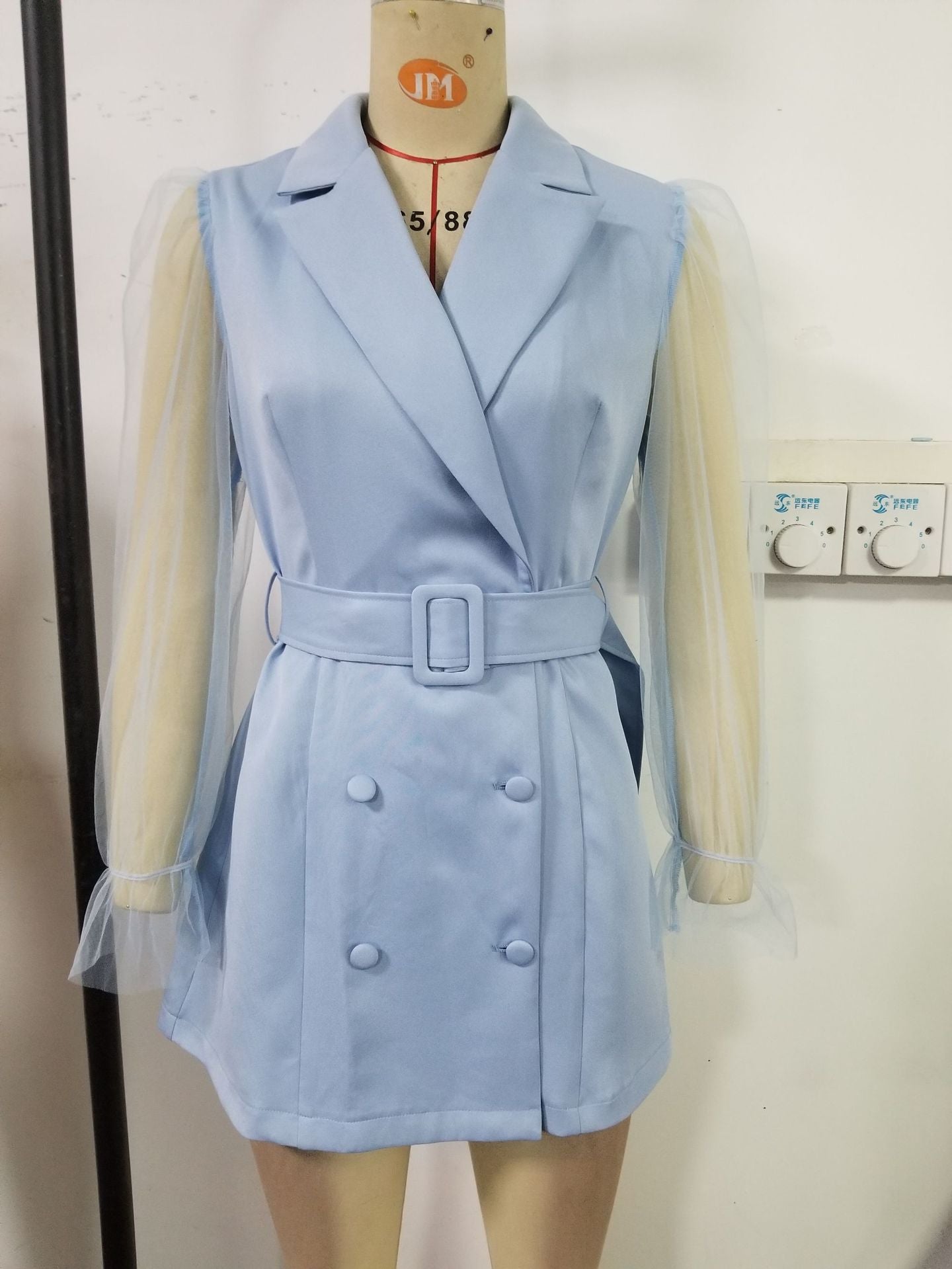 Spring Sexy See-Through Mesh Long Sleeve Double Breasted Slim Waist Chic Women Blazer Dress 55