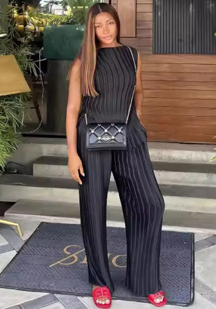 Women autumn solid sleeveless round neck top and wide leg pants two-piece set