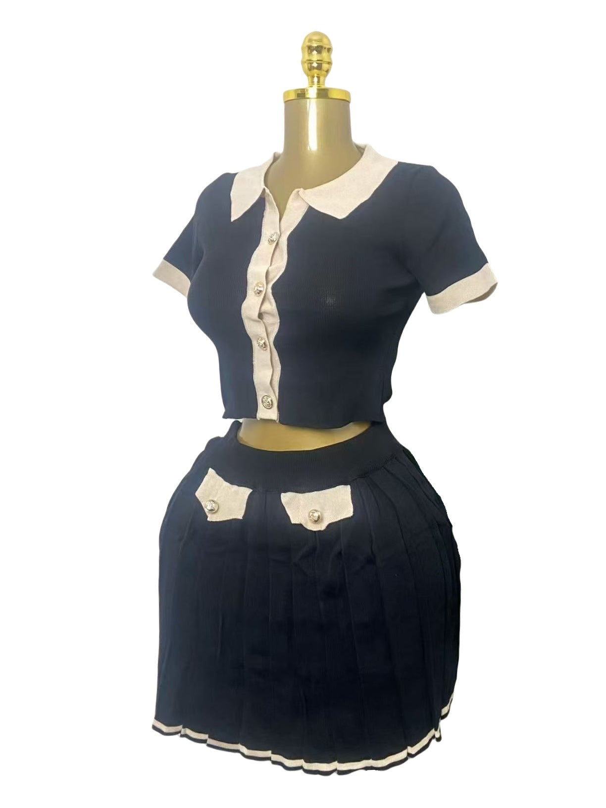 Fashion Turndown Collar Metal Button Cardigan & Pleated Skirt Knit Set 7