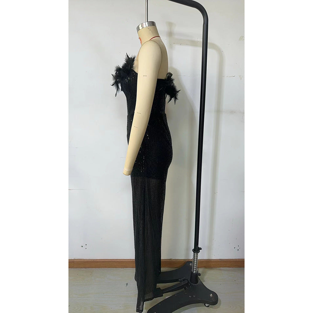 Autumn Winter Fashion Chic Feather Sequin Slim Strapless Party Long Jumpsuit 9