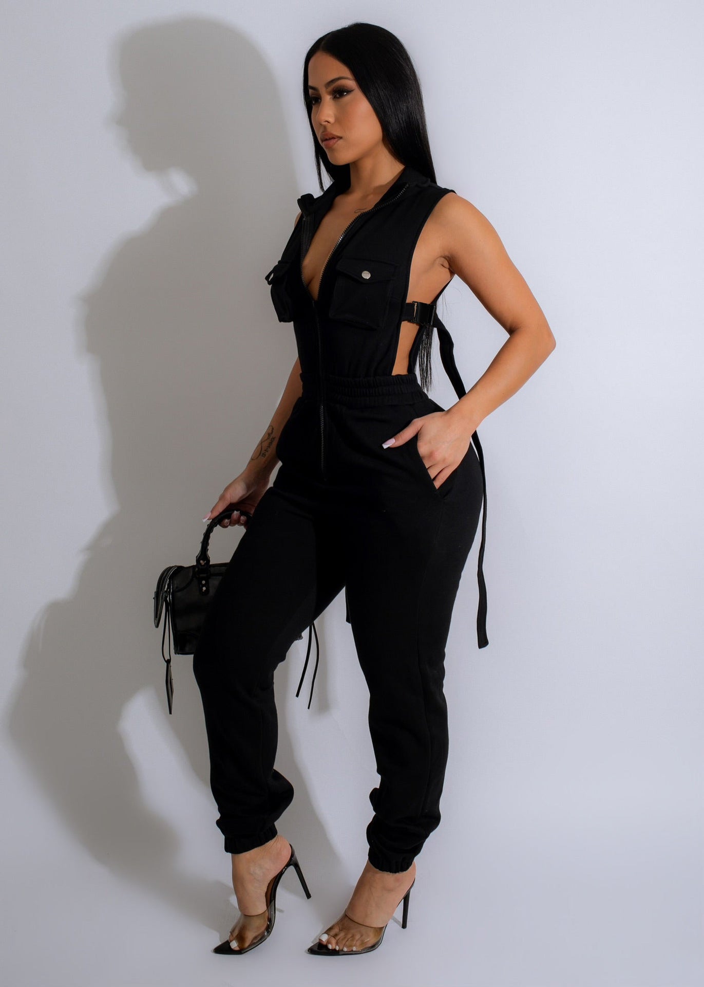 Women Solid Zipper Pocket Jumpsuit