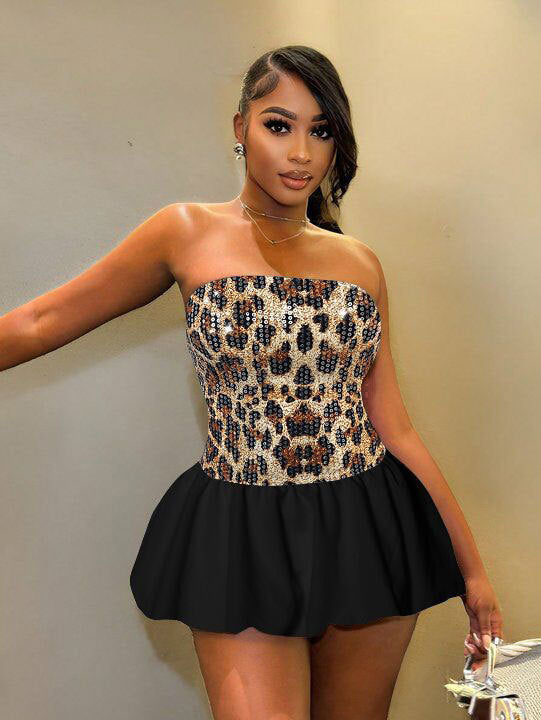 Women Sexy Sequin Leopard Strapless Patchwork Dress