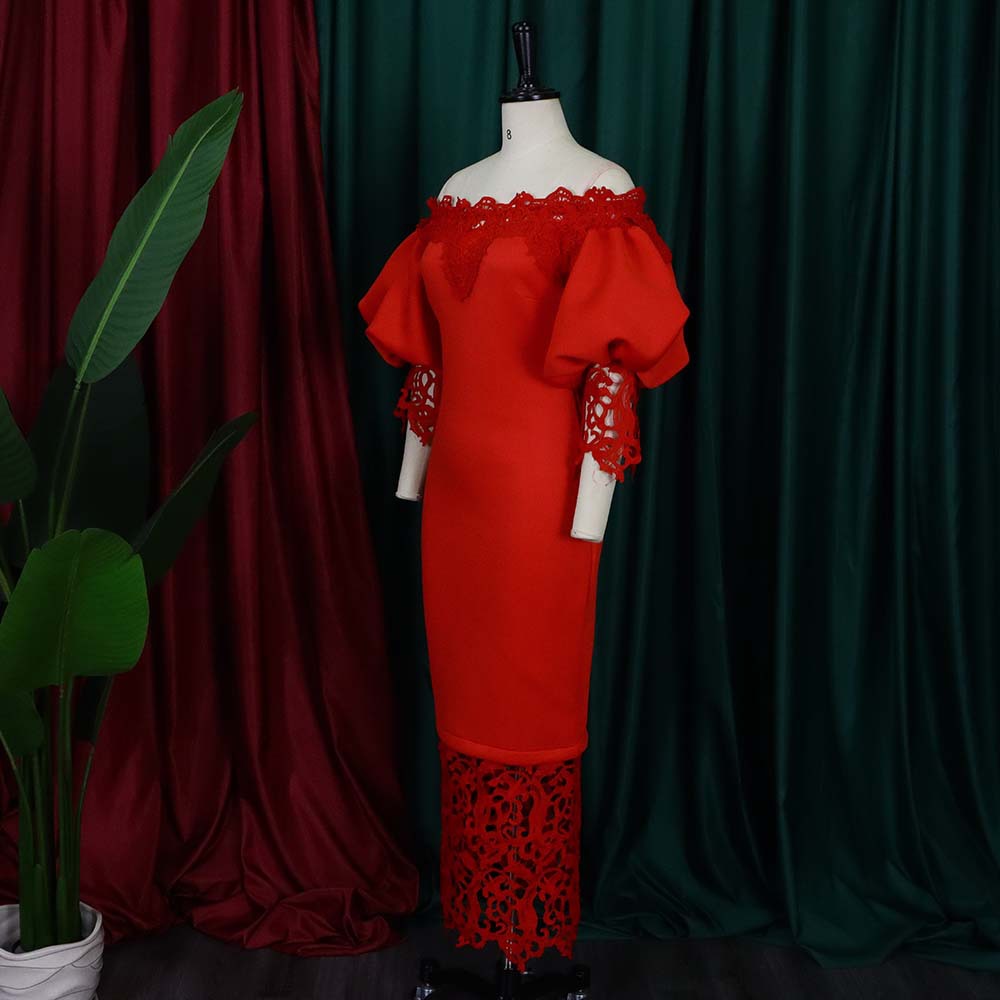 Off Shoulder Off Shoulder Bodycon Lace Patchwork Balloon Sleeve Gown Dress 31