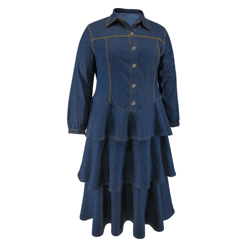 Plus Size Women's Denim Long Sleeve Turndown Collar layer Long Dress 7