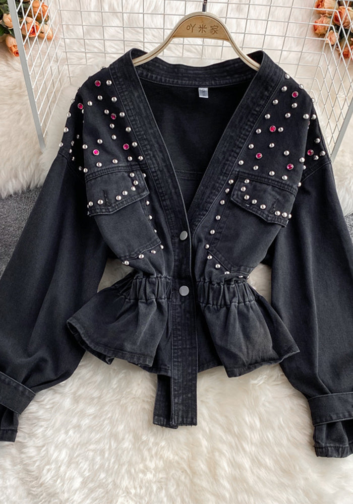Women Autumn and Winter V-Neck Beaded Denim Top