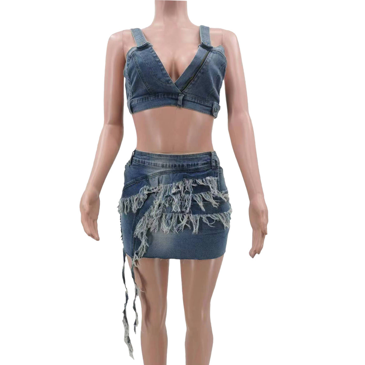 Women Summer Style Tassel Top and Skirt Elastic Denim Two-piece Set 10