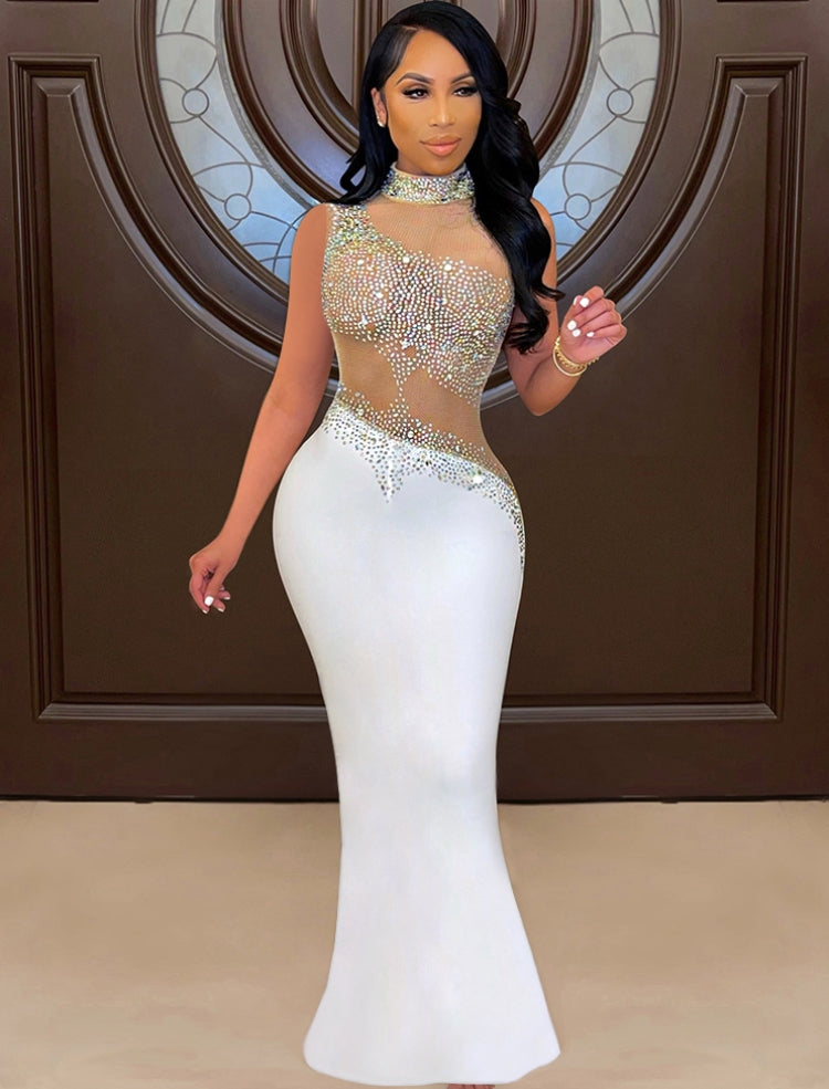 Winter Sexy White Beaded Mesh Patch Sleeveless Evening Dress