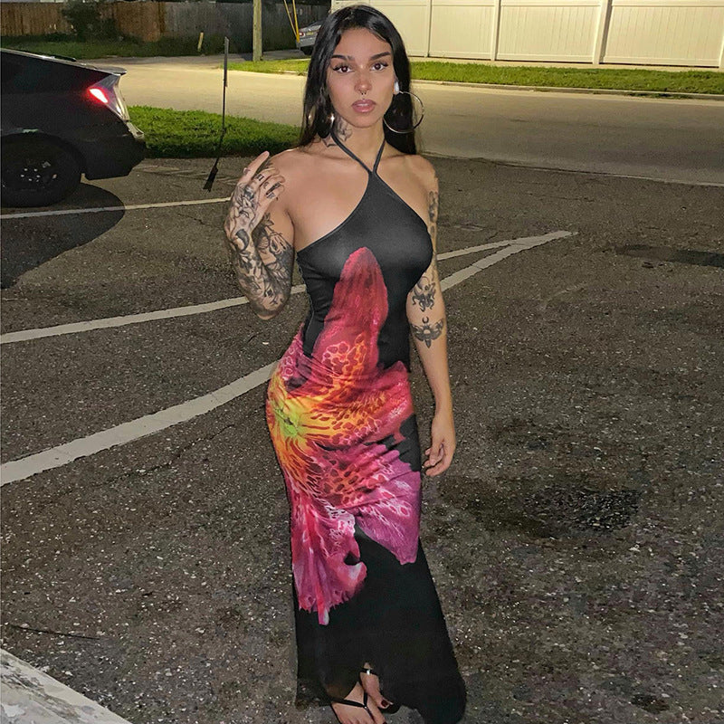 Women Floral Print Halter Neck Lace Sleeveless Bcakless Maxi Dress 13