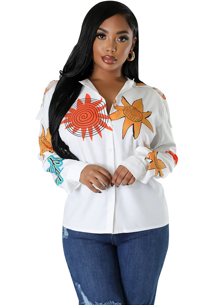 Women's Autumn Winter Print Button Long Sleeve Shirt