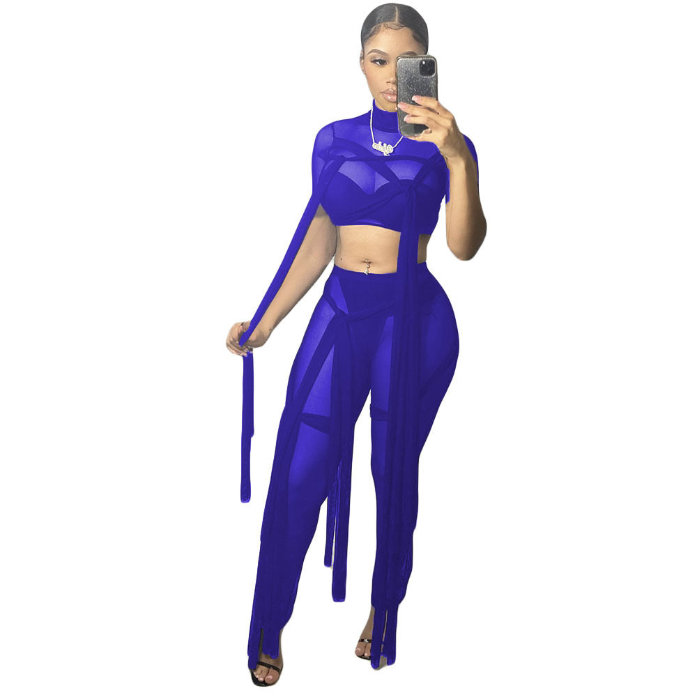 Women's Sexy Mesh See-Through Lace-Up Solid Color Short Sleeve Two-Piece Pants Set 3