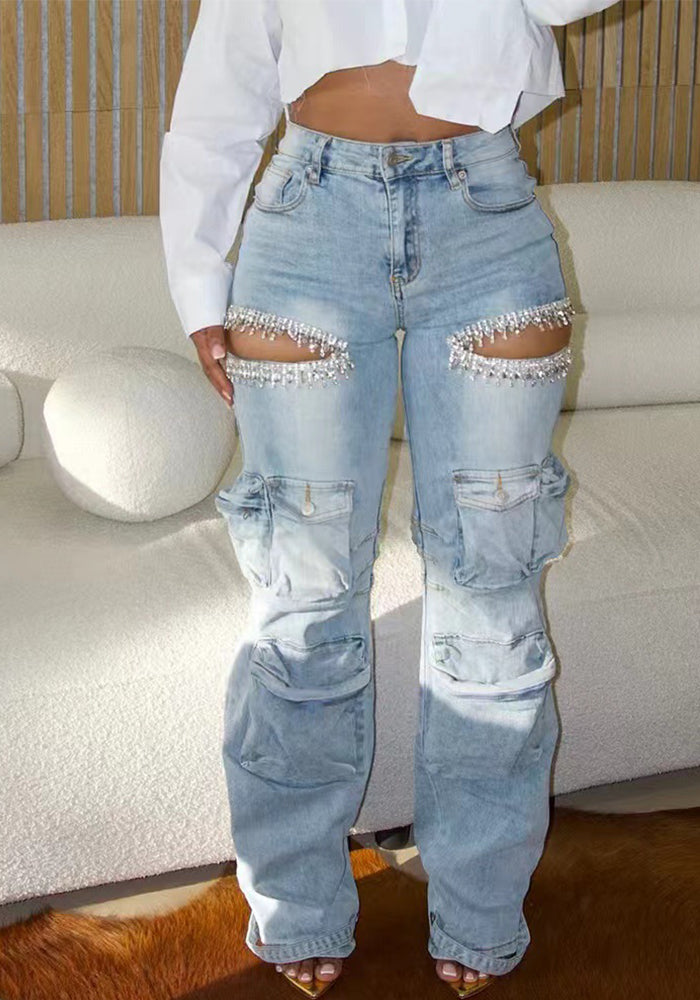 Fashionable Women's Multi-Pocket Cut Out Diamond Denim Pants