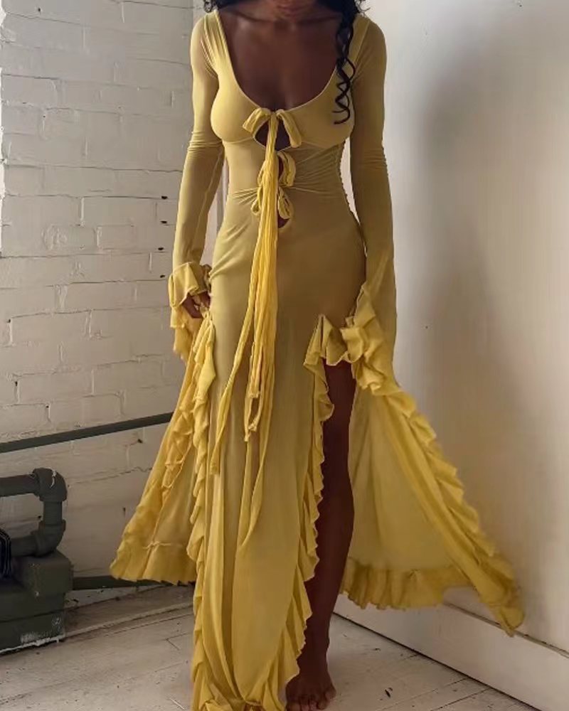 Women Sexy See-Through Long Sleeve Ruffle Slit Dress 5