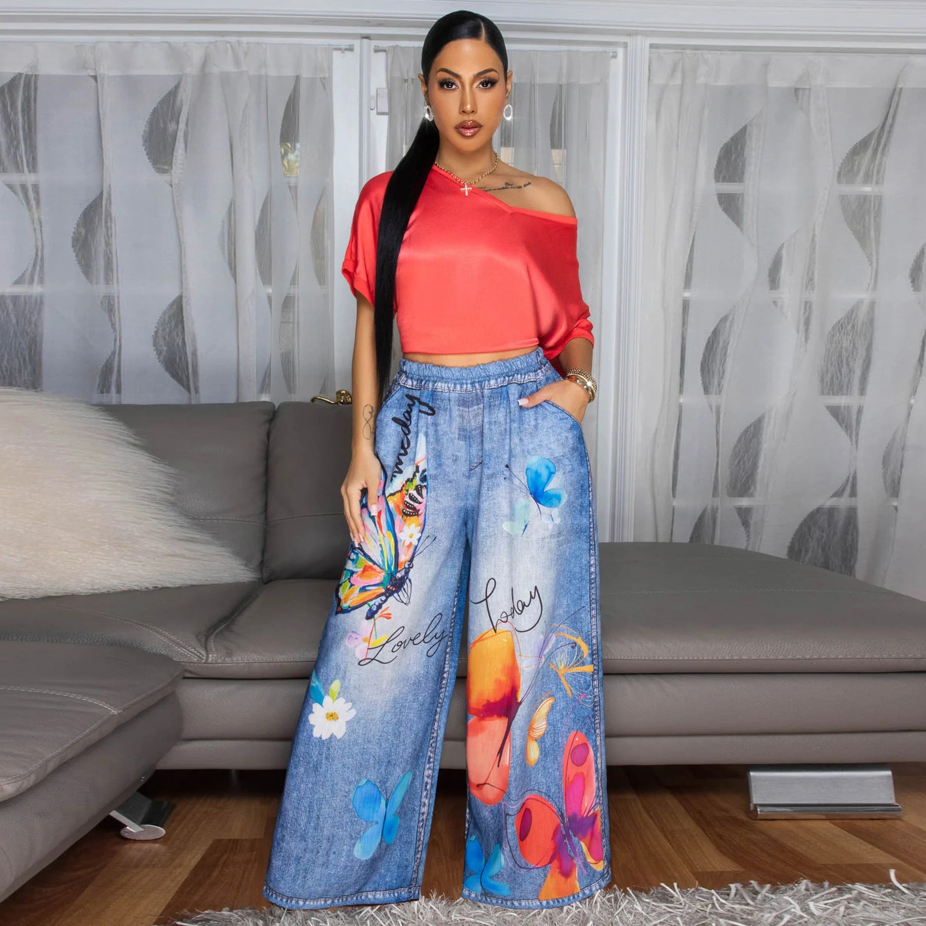 Women's print wide leg casual pants