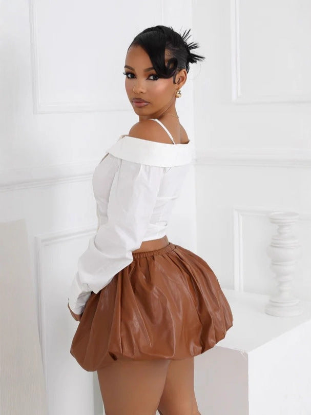 Women Turndown Collar Shirt Long-Sleeved Off-Shoulder Shirt 3