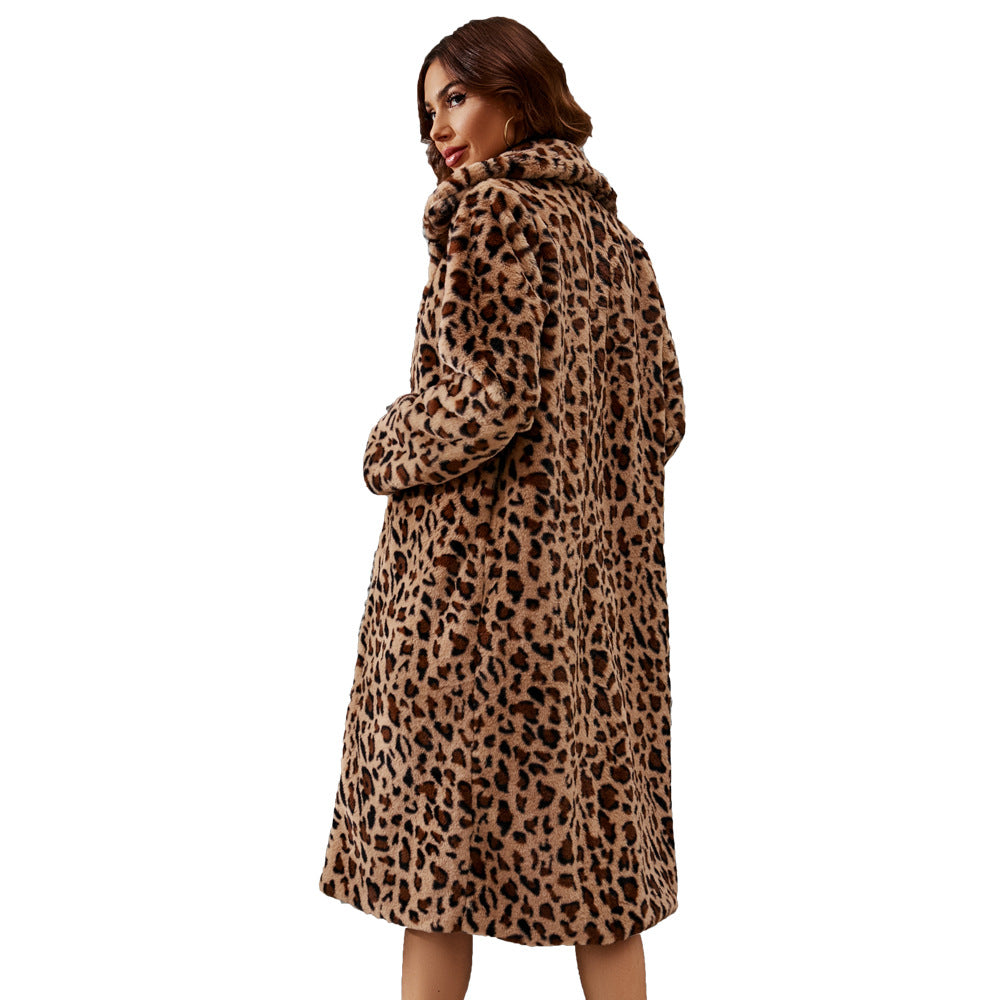 Autumn And Winter Fashionable Casual Turndown Collar Leopard Fleece Coat For Women 9